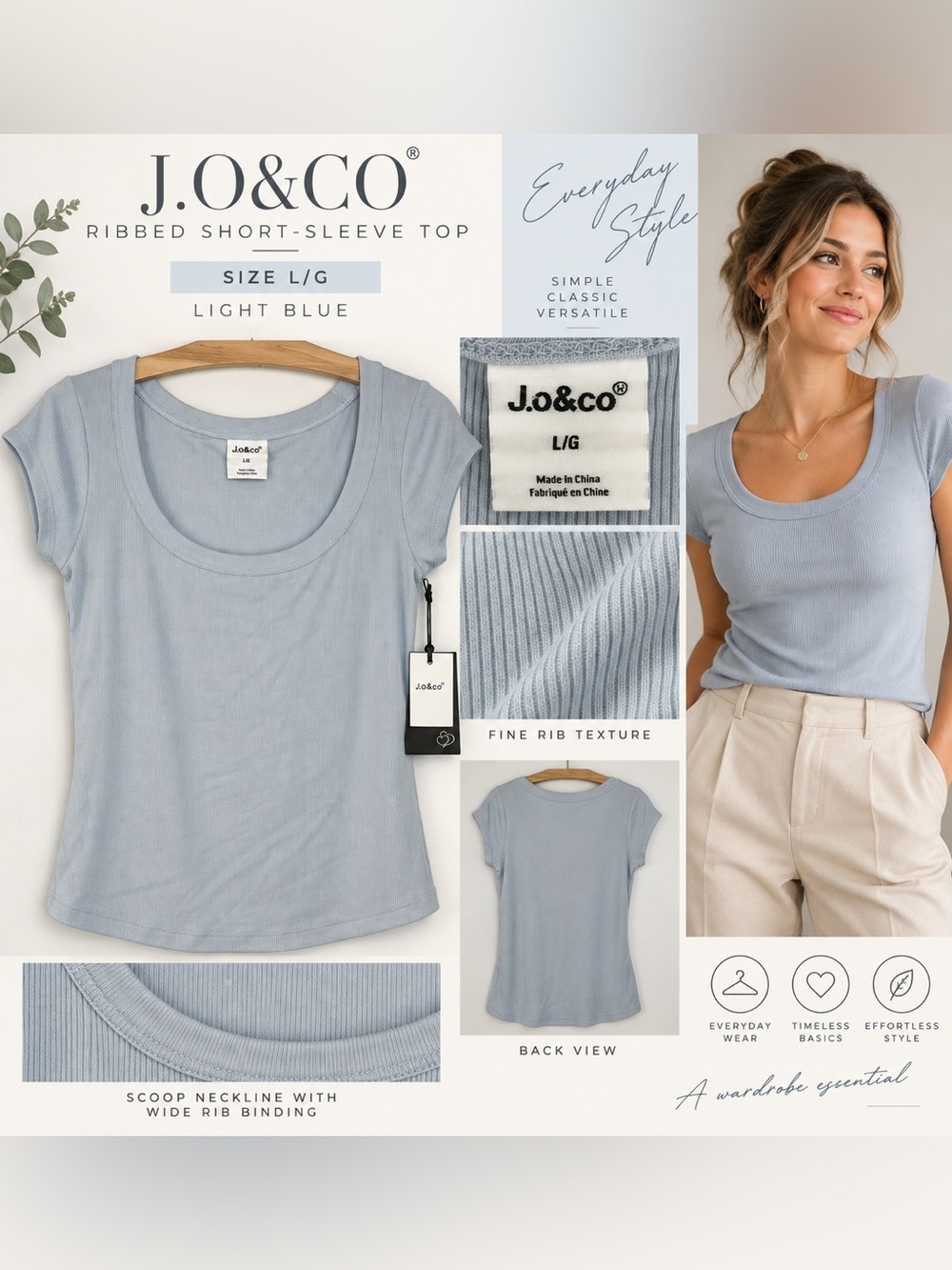 Light Blue Ribbed Scoop Neck Short-Sleeve Top